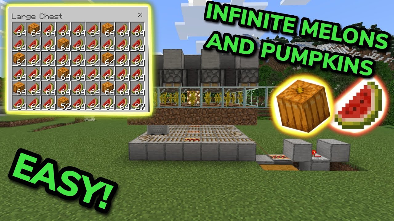 SIMPLE AUTOMATIC MELON AND PUMPKIN FARM TUTORIAL in Minecraft Bedrock (MCPE/Xbox/PS/Switch/PC)