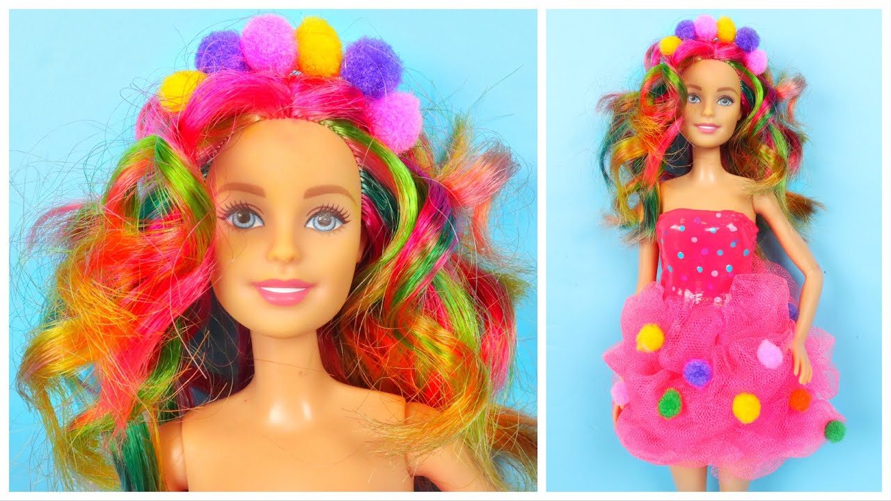 COLORFUL HAIRSTYLE and CUTE CLOTHES ~ DIY Barbie Hacks; Curly Hair Rainbow, Dress and Shoes