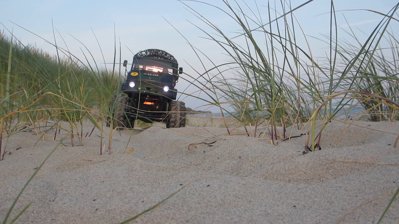 Tamiya CR-01 UNIMOG 406 U900 RC crawler on the beach