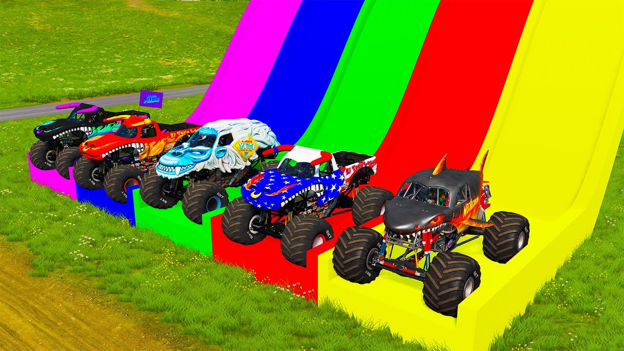 Double Flatbed Trailer Monster Trucks Transport with Slide Color - Cars vs Speed bump - BeamNG #94