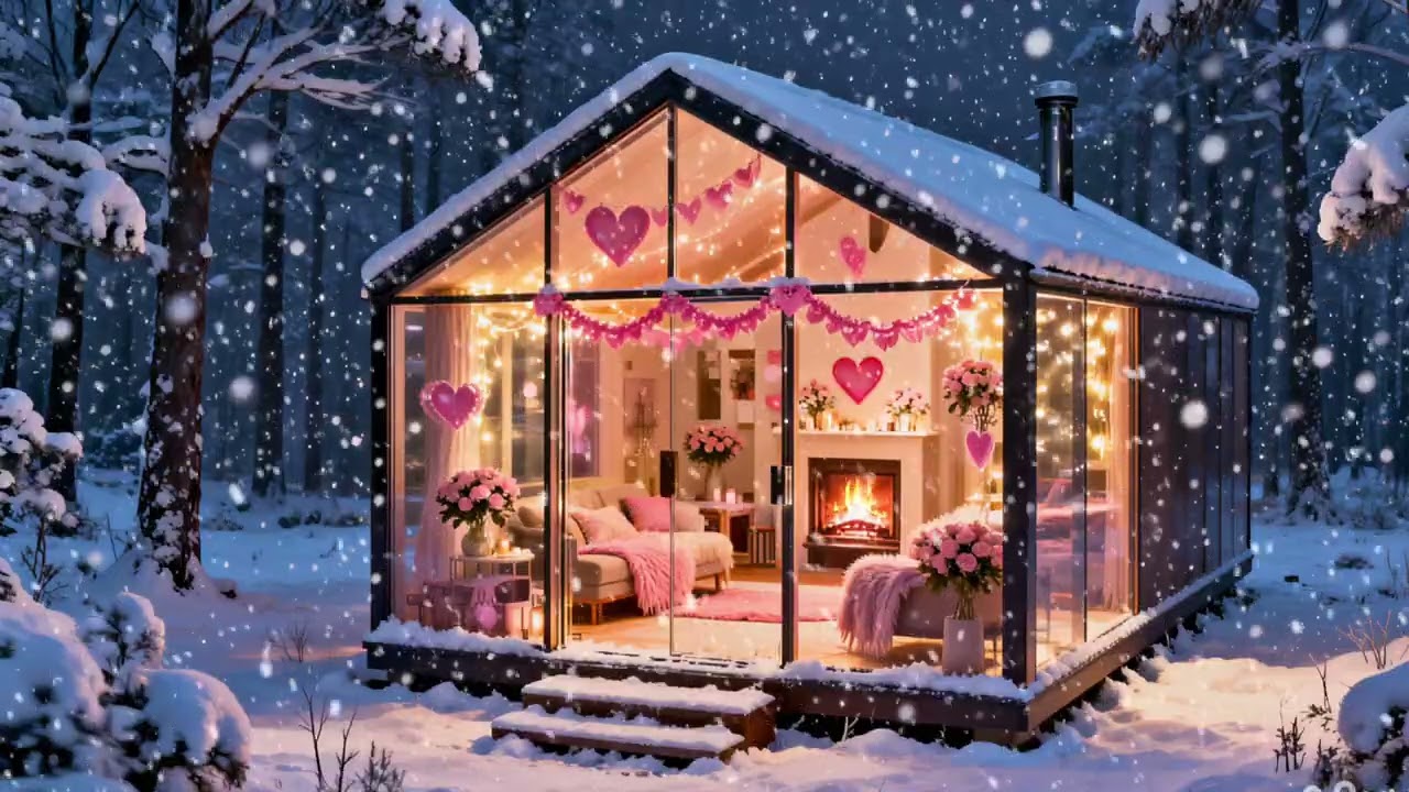 💗❄️ Cozy Valentine’s Glass Cabin | Snowfall, Warm Fireplace & Soft Winter Ambience (10 Hours)