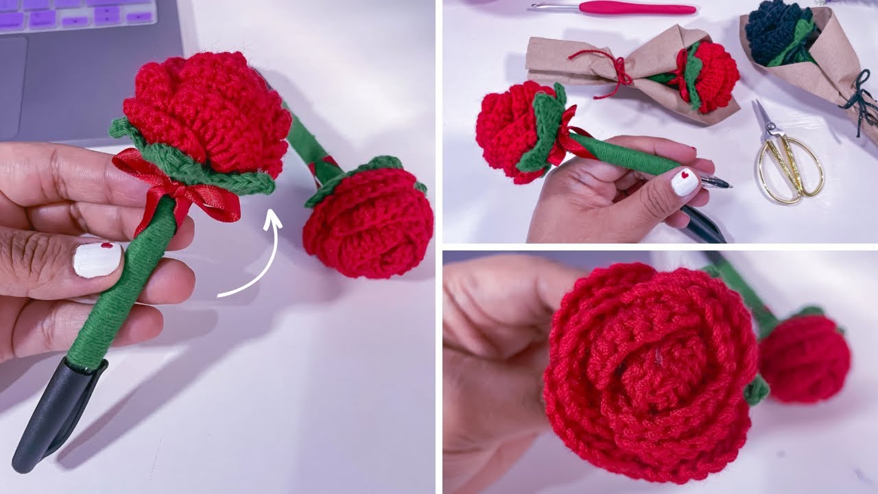 🌹Pluma decorada con rosa tejida a CROCHET, se teje fácil 🖊️ Para regalar o vender Paso a paso