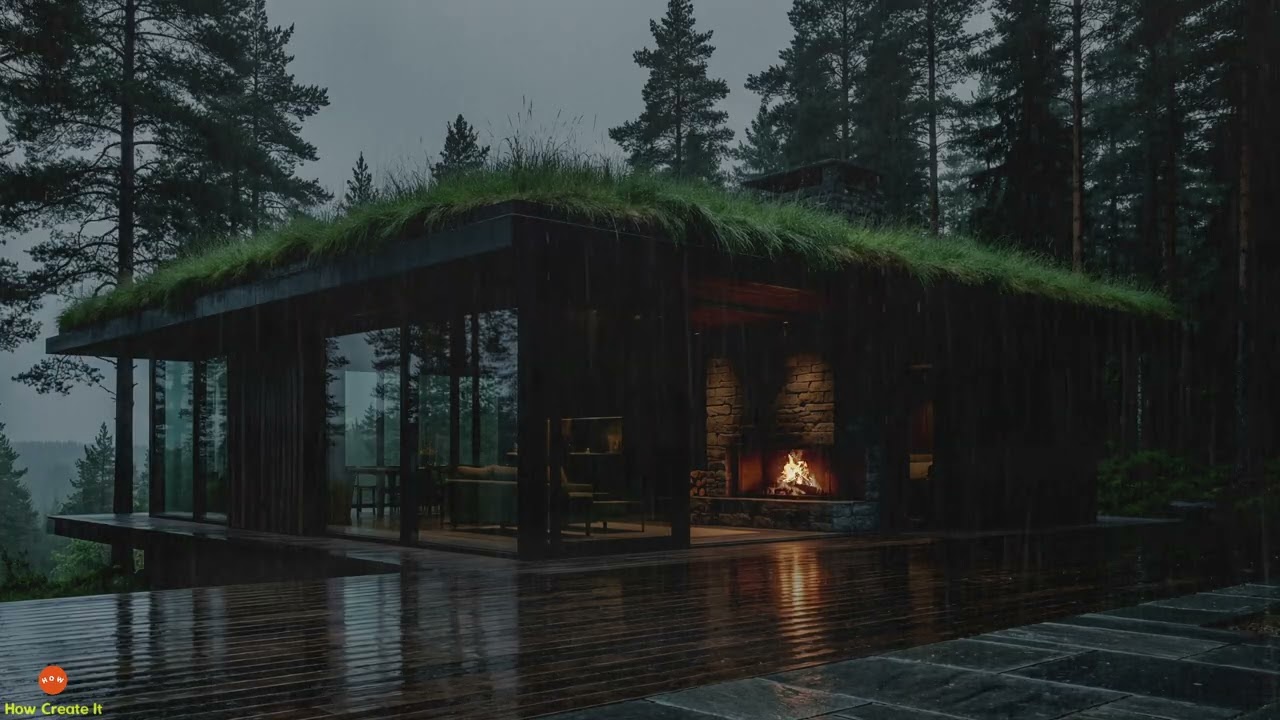 Enchanting Night Rain, Fireplace and Soft Thunder for Inner Peace in a Serene Forest Grass Roof Home