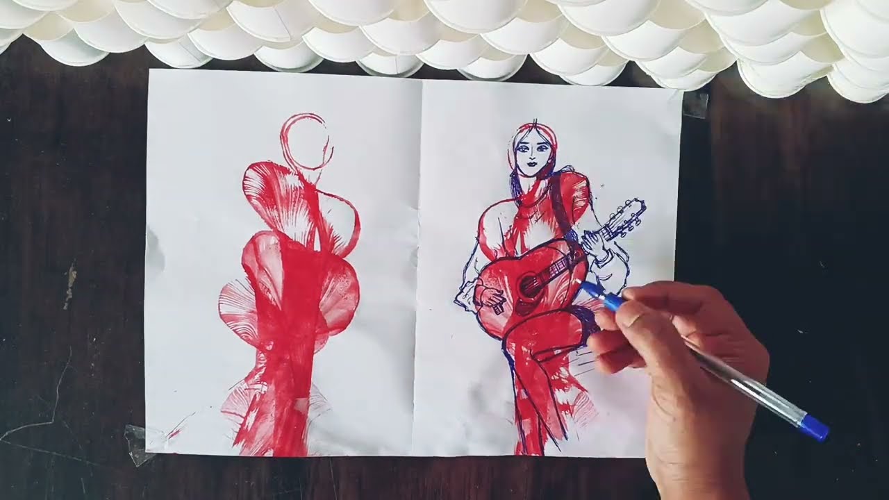 Girl with holding guitar thread art step by step thread painting tutorial 