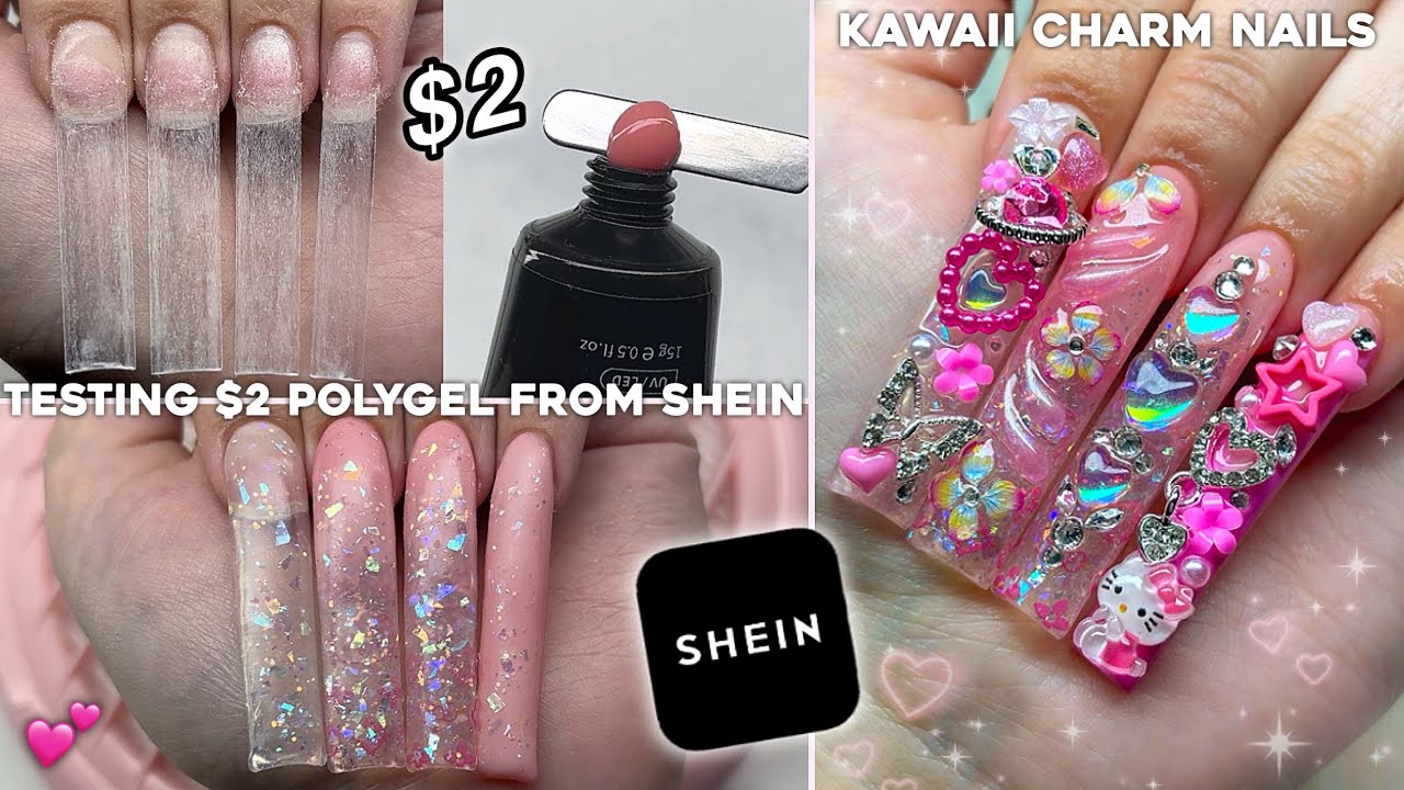 TESTING $2 POLYGEL FROM SHEIN✨ EXTRA LONG POLYGEL NAILS & KAWAII CHARMS DESIGN! | Nail Tutorial