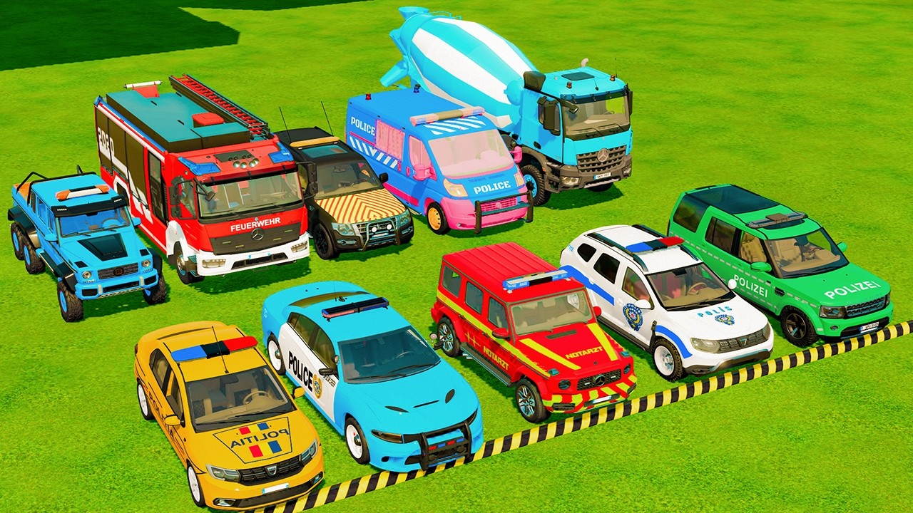 TRANSPORTING POLICE CARS, AMBULANCE & FIRE TRUCK WITH COLORFUL TRUCKS | FS22