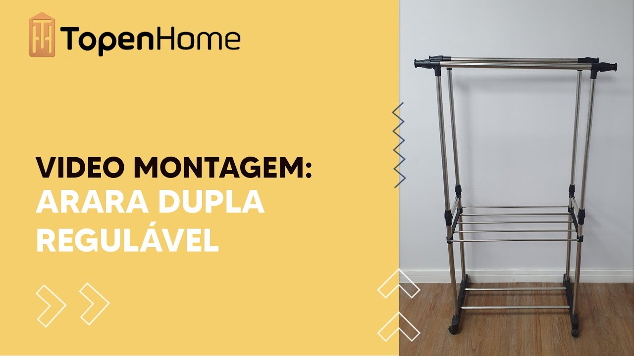 Vídeo Montagem: Arara Dupla Regulável Cabideiro Sapateira E Prateleira YJ025 - Topen Home