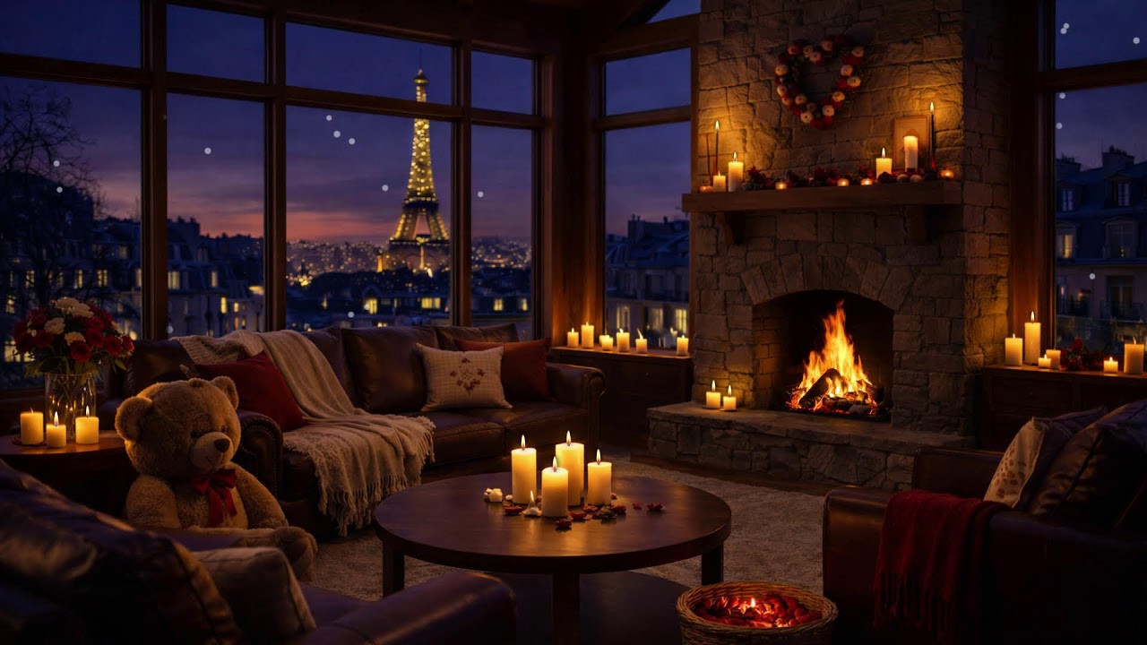 🗼 Cozy Paris Night Fireplace 🔥 Romantic Candlelight & Eiffel Tower View