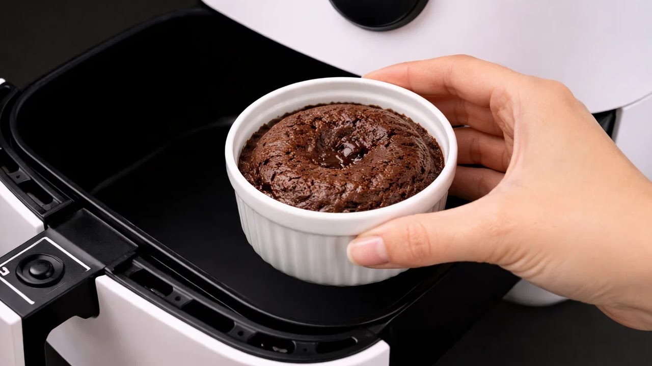Ich gieße das einfach über Kakao in die Heißluftfritteuse… Das einfachste Schoko-Dessert!