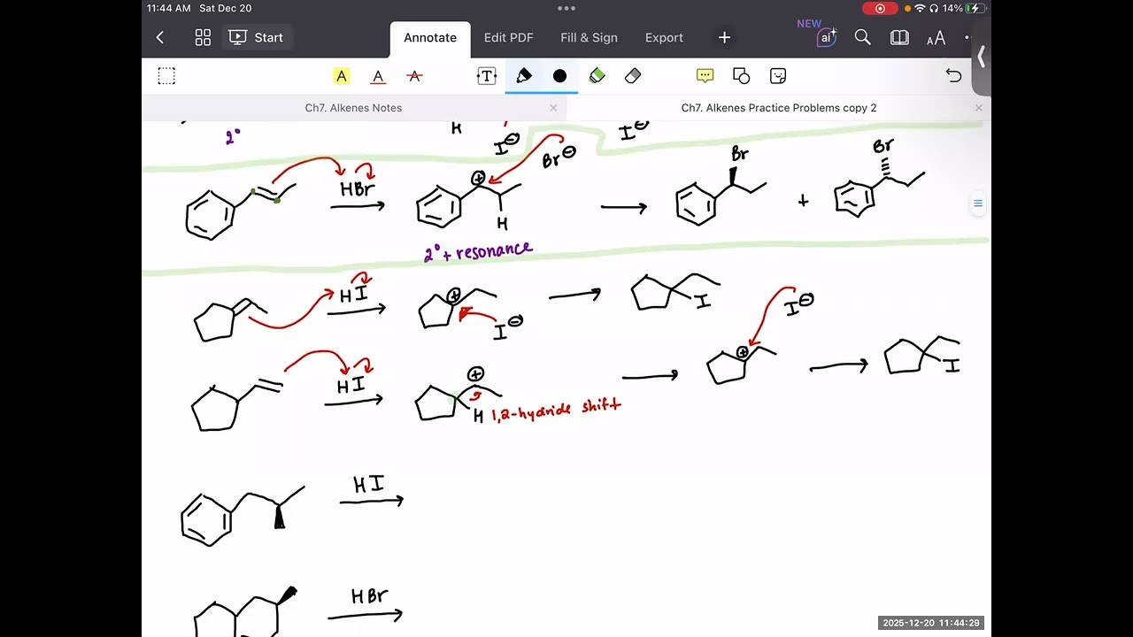 Ch7. Alkene Practice Problems (part 2): Hydrohalogenation