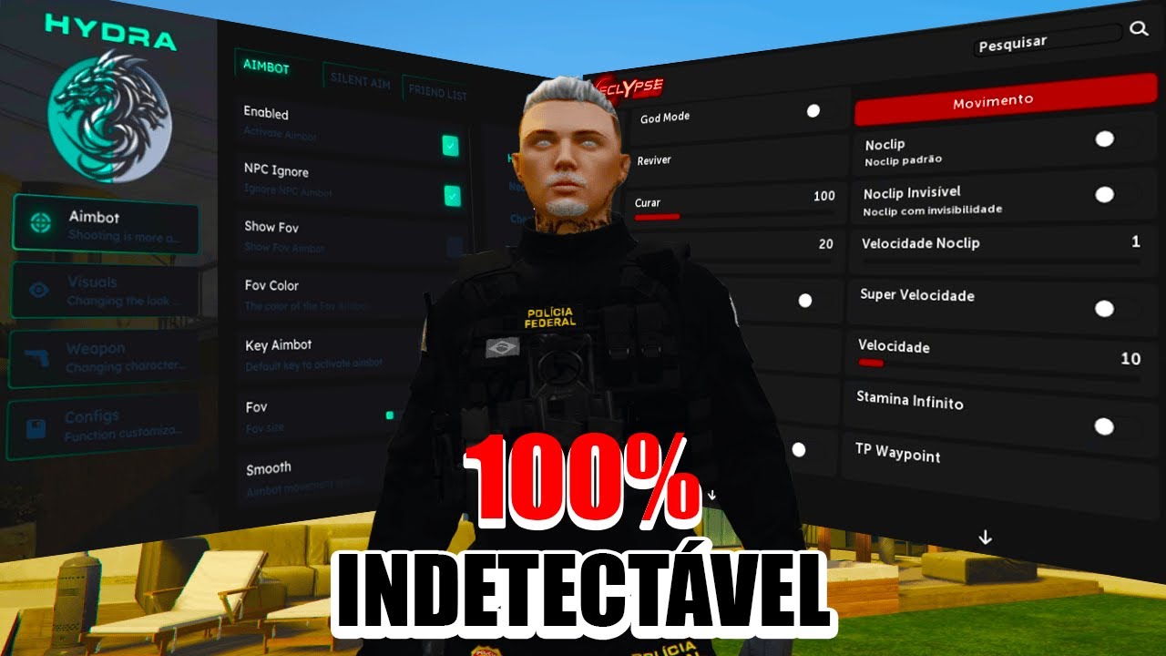 UM DIA DE POLICIA XITADO NO FIVEM GTA RP - HYDRA MENU E ECLYPSE MENU