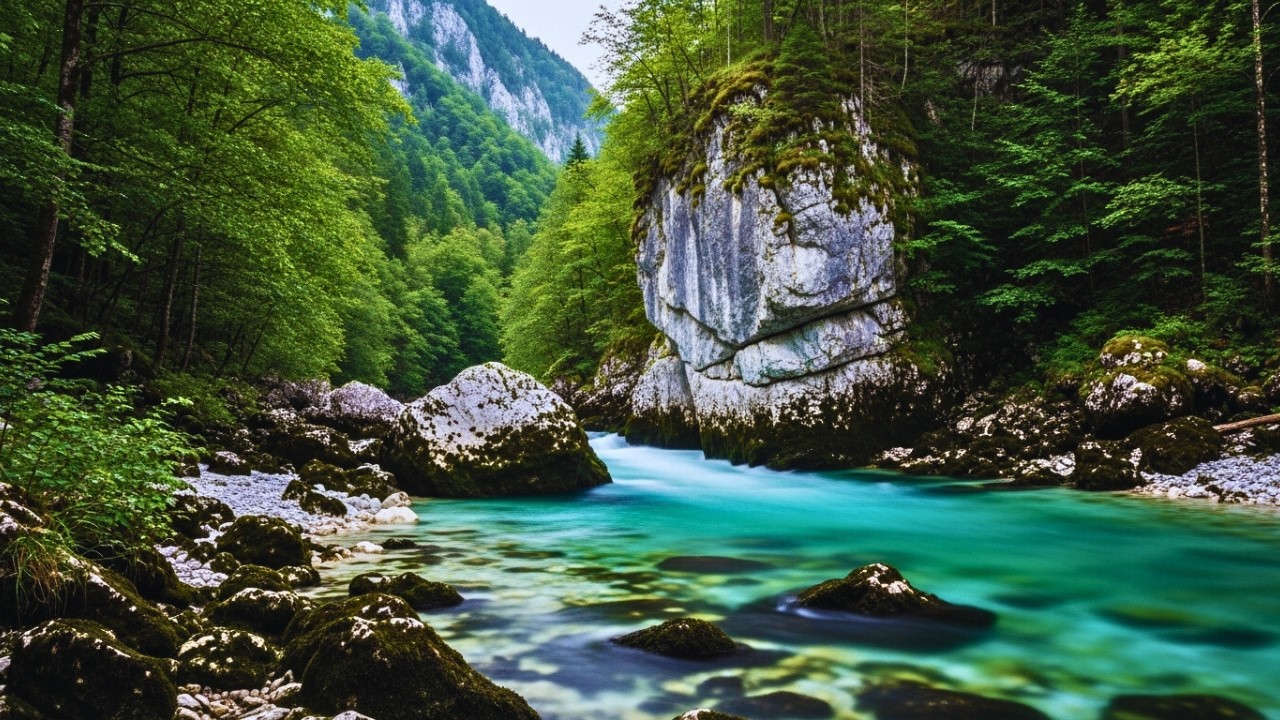 Peaceful Mountain Landscape, Birds Singing & River Flow  Deep Sleep & Relaxation