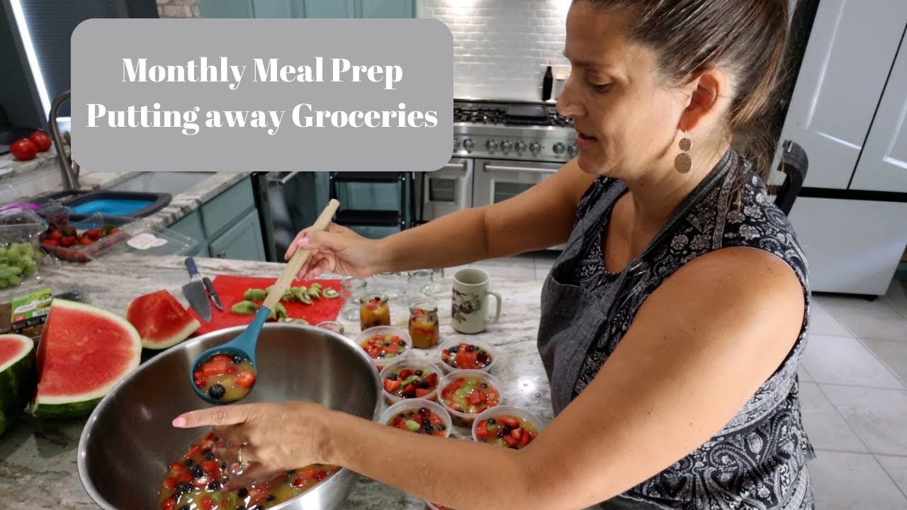 Monthly Meal Prep and Putting Away Groceries| New Recipe Fruit Slushy and Chicken Kabobs