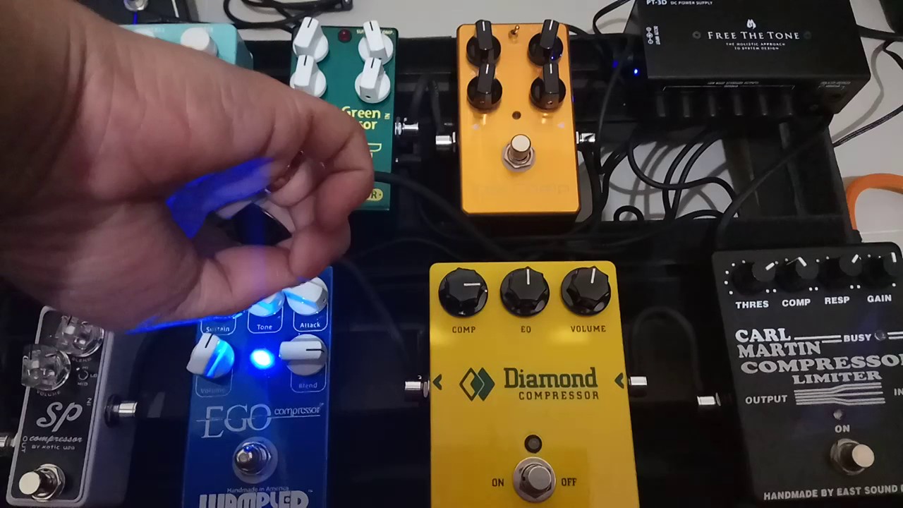 Carl Martin Compressor, Diamond Compressor, Wampler Ego, Xotic SP Comp, Suhr Koji, Mad Forest Green