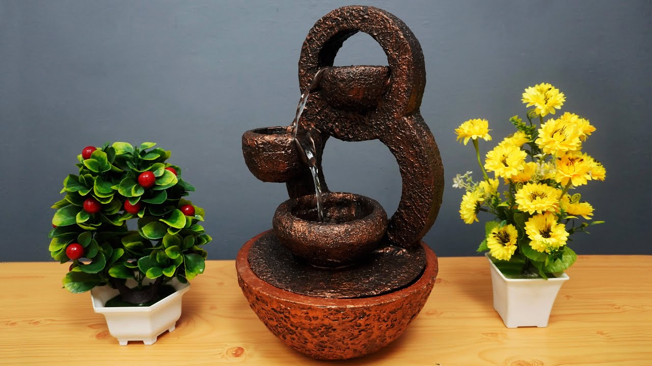 DIY Indoor Water Fountain Using Thermocol & Cement | Home Made Antique Tabletop Water Fountain