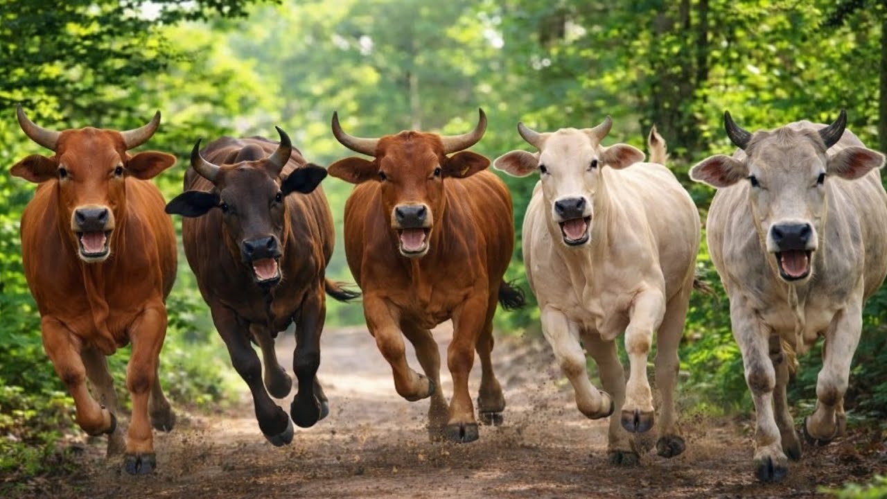herding activity of tame cows walking neatly on a green forest path morning, cow sound cow Moo