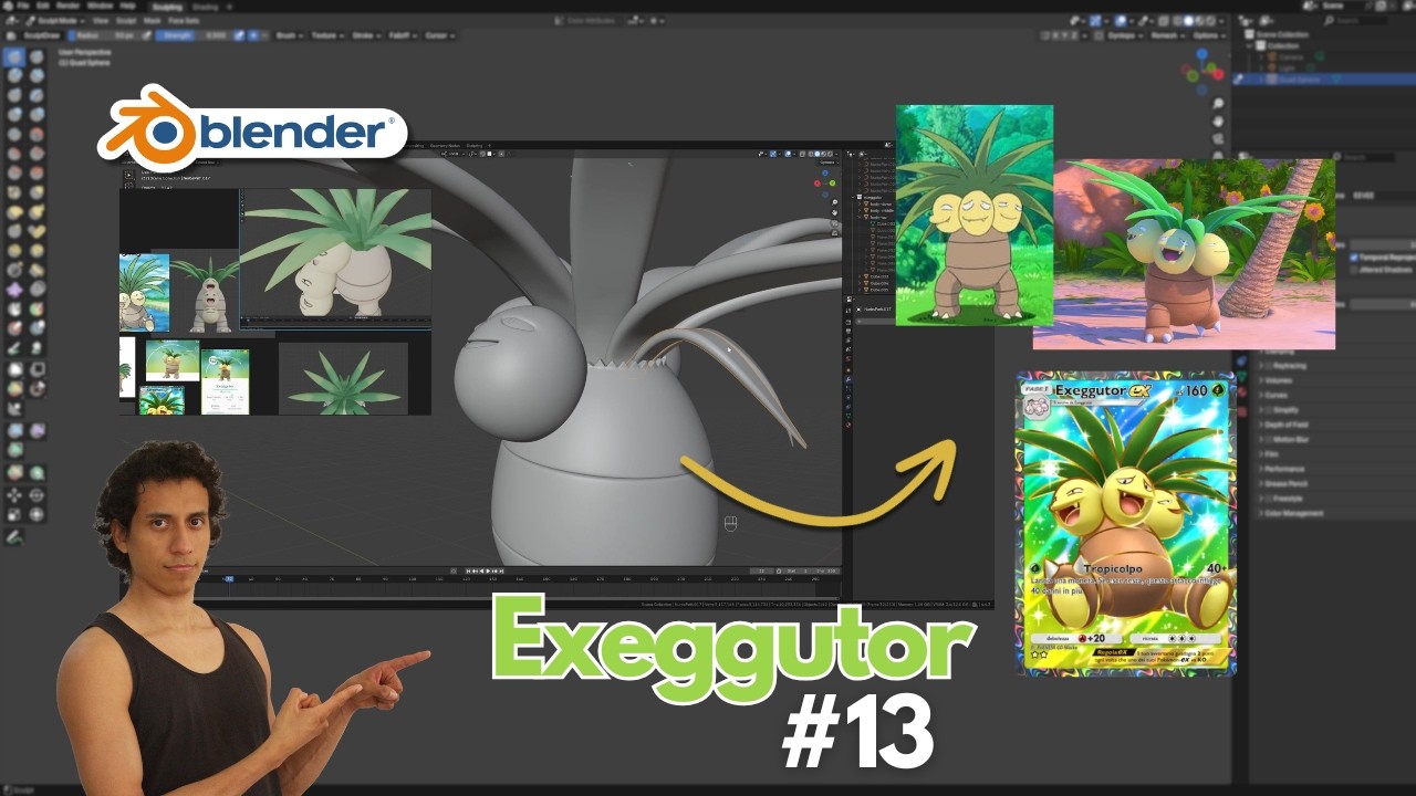 (Day 13) Blender Sculpting: Exeggutor (Pokémon) - Smoothing the leaves