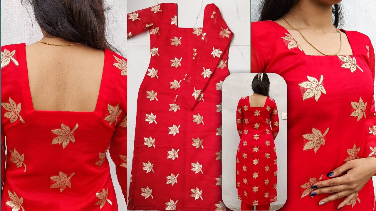 Square neck kurti cutting and stitching | trendy square neckline | long sleeve kurti | organza kurti