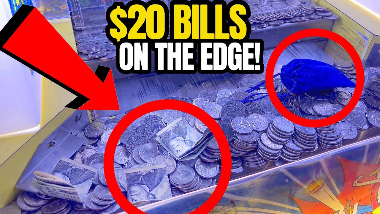 $20 BILLS “GOT STUCK” ON THE EDGE! Can We Profit!? Quarter Coin Pusher Machine! (MUST WATCH)