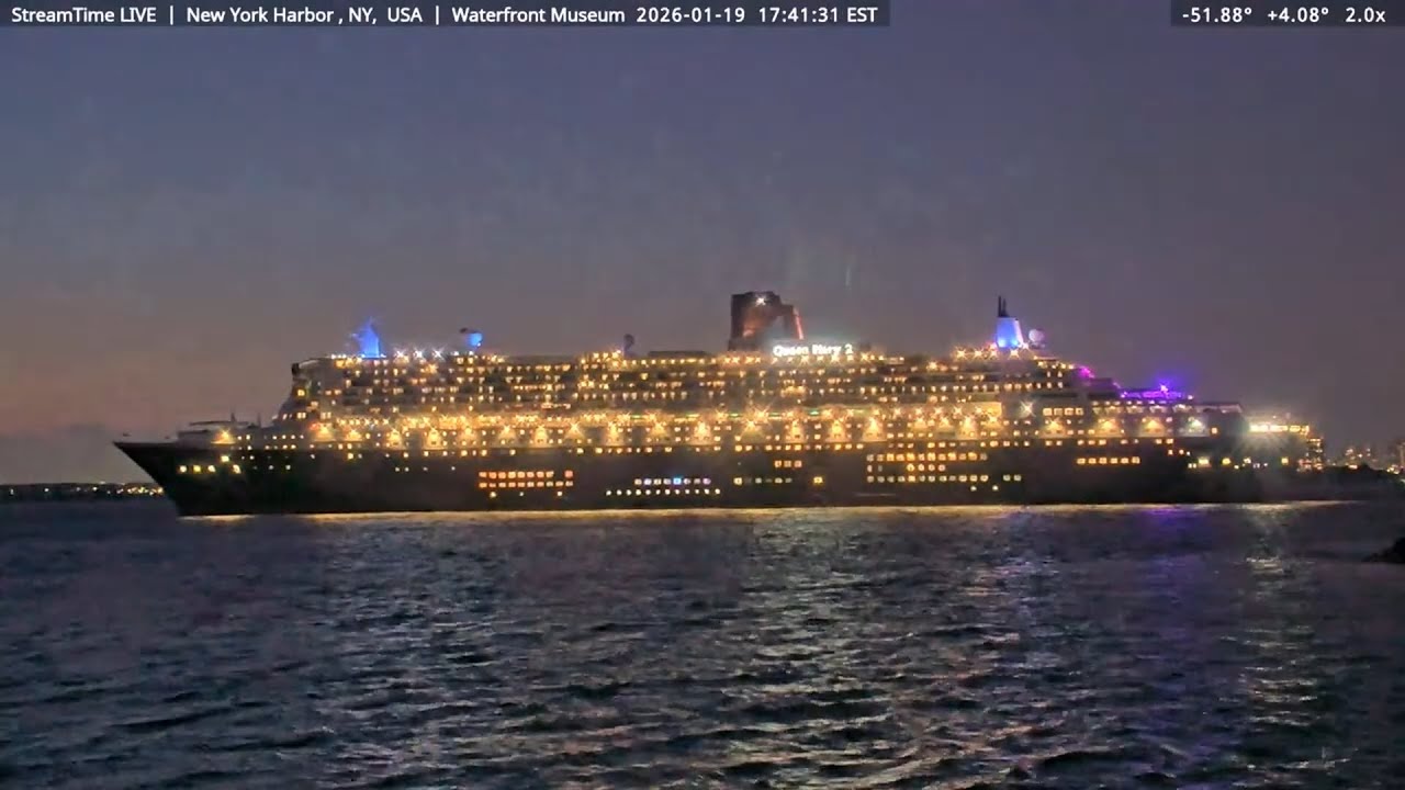 Queen Mary 2's sunset departure from New York 1-19-26