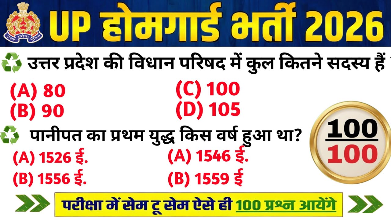 UP Home Guard भर्ती 2025 | UP GK Top 100 Questions | UP Gk Previous Year Questions Paper | New Day's