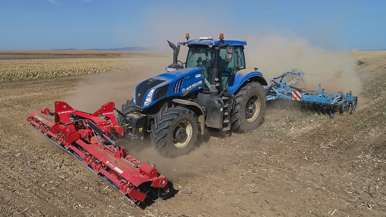 New Holland T8.410 + QUIVOGNE Gladiator 6m + Lemken | Napraforgó száraprítás és bedolgozás!