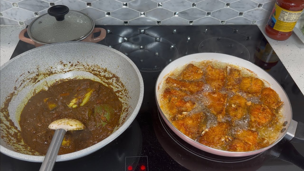 Snapper curry with boil and fried cassava and plantain 