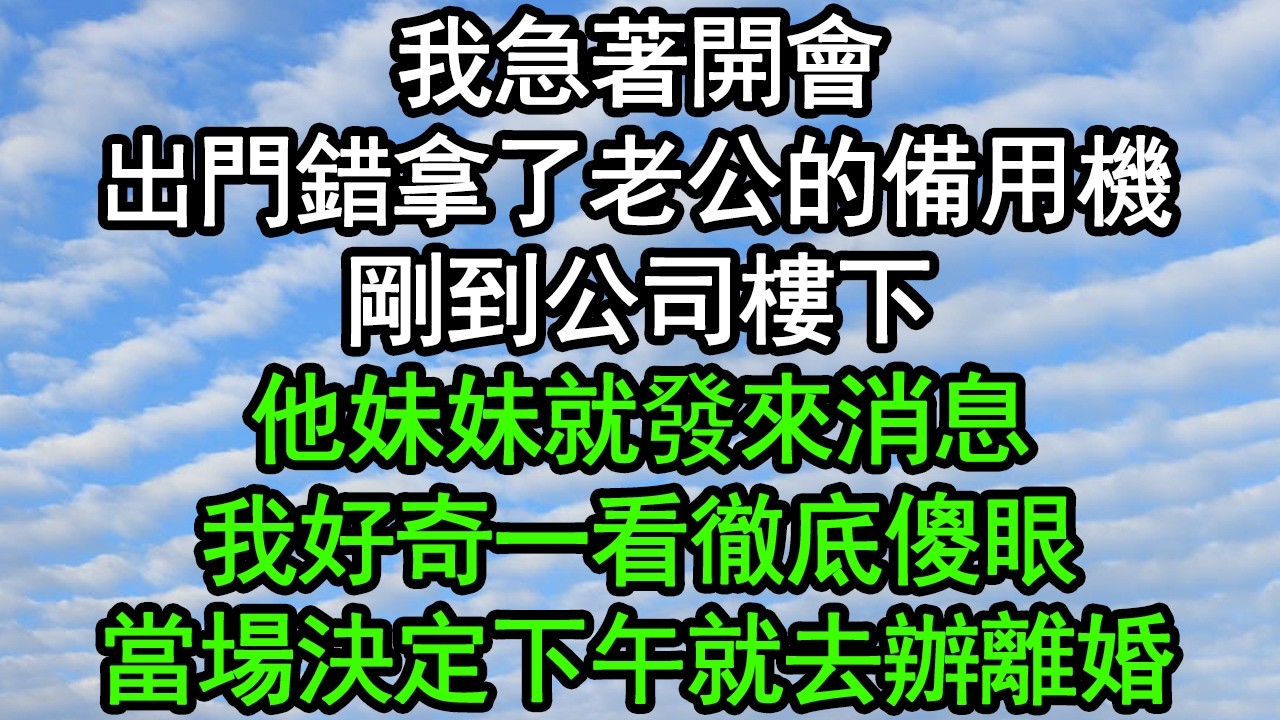 我急著開會，出門錯拿了老公的備用機，剛到公司樓下，他妹妹就發來消息，我好奇一看徹底傻眼，當場決定下午就去辦離婚#深夜淺讀 #為人處世 #生活經驗 #情感故事