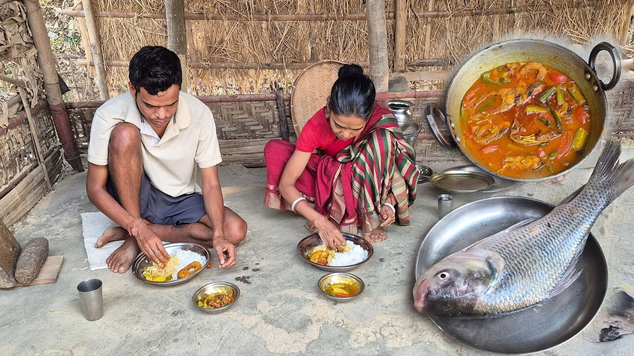 KATLA FISH Curry With JHINGE Cooking And Eating With Rice, By Rural Mother And Son