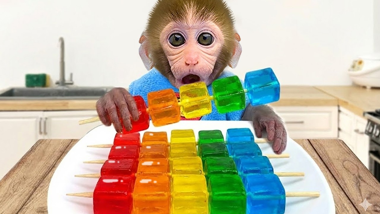 꼬마 원숭이 GoGo가 알록달록한 젤리 스틱을 맛있게 먹어요 - Gogo Monkey Aventure