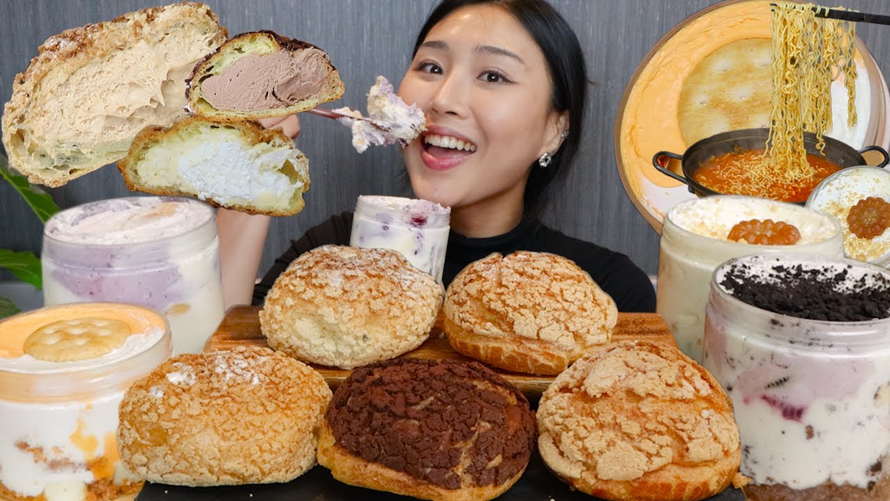 MUKBANG) 크리미 쿠키슈 푸딩 빵먹방🍰🧁 + 빵해장 라면 먹방 Cookie choux cream bread & bread pudding asmr eating