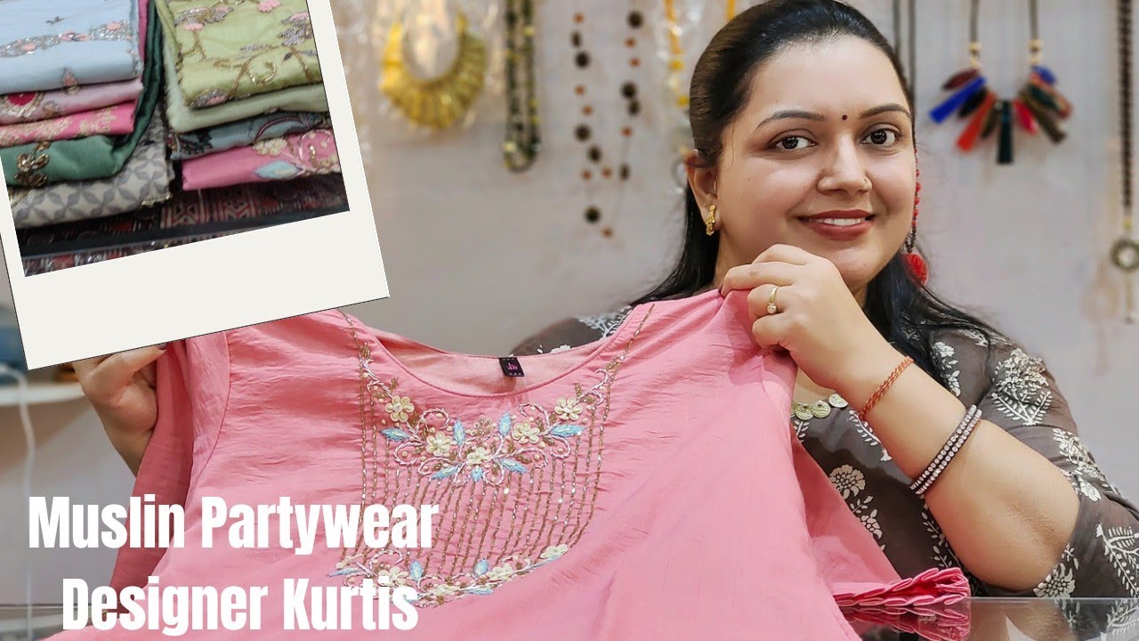 Designer Boutique Partywear Kurtis in Muslin Silk | Hand embroidery| 9804594021 #silk #kurti #kurtis