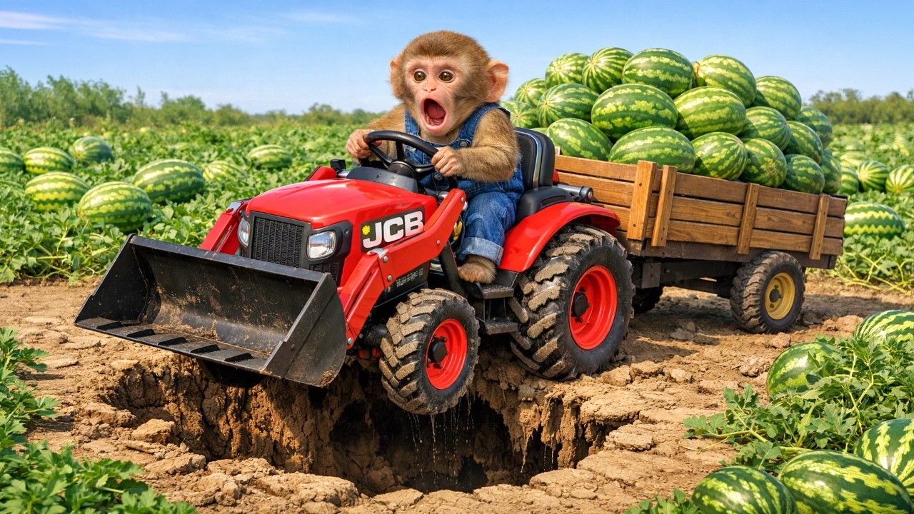 Monkey Farmer Uses JCB to Repair Muddy Road & Save Watermelons! - Monkey Farm Work | Buddy Farm