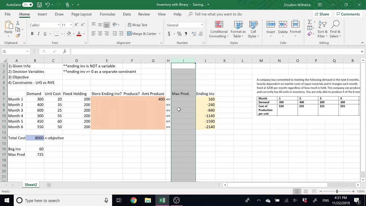 Inventory with Binary Variables (Excel)