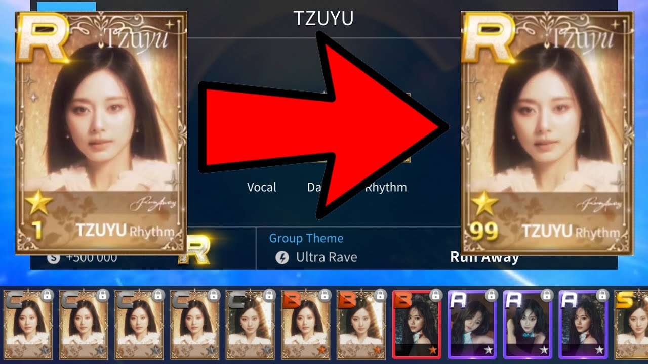 Upgrading Tzuyu R1 to R99 SuperStar JYPNation (cost etc in the description)