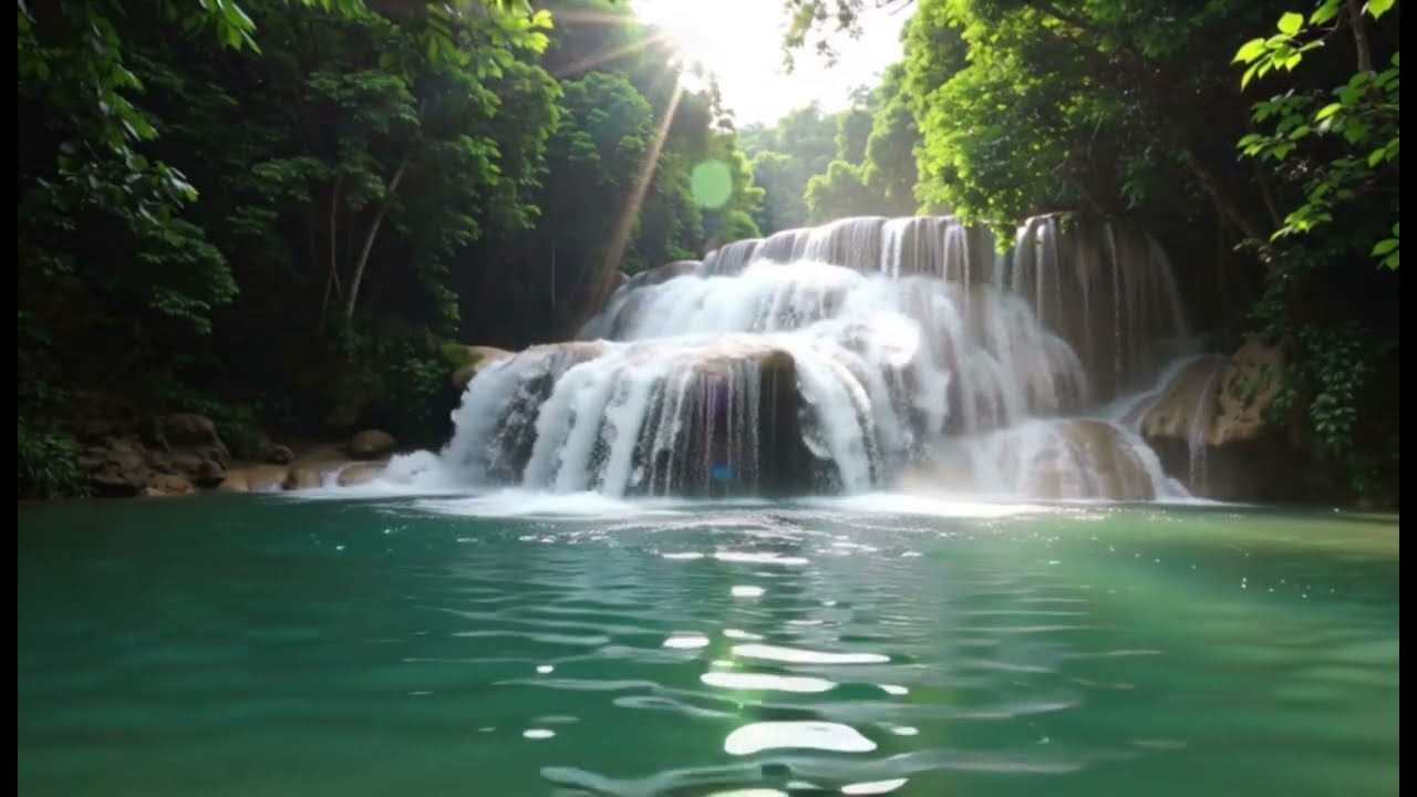 Relaxing music with waterfall sounds and bird sounds