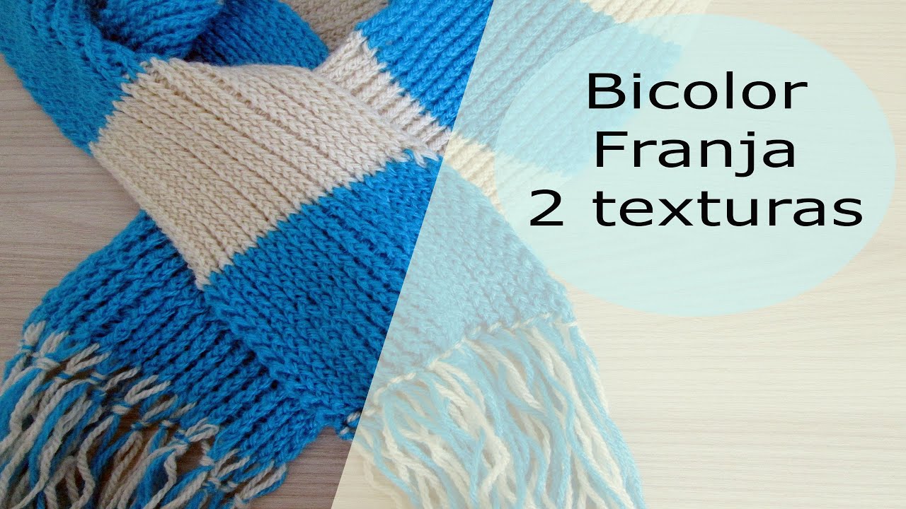 Cachecol bicolor no tear de pregos - com franja, no ponto pérola (ou oito)