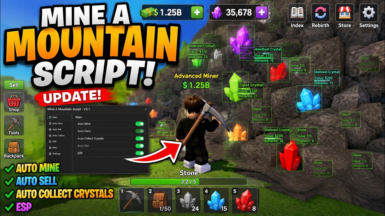 (UPDATE) Mine A Mountain Script | AUTO MINE, AUTO SELL, AUTO COLLECT CRYSTALS & ESP