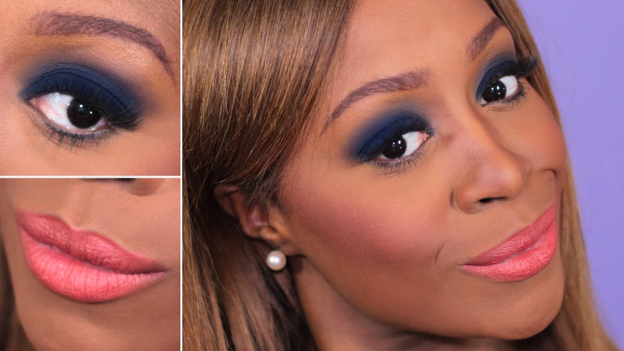 Navy Blue Smokey Eye + Peach Lips | Navy Blue Eyeshadow Makeup Tutorial on Dark Skin | ♡