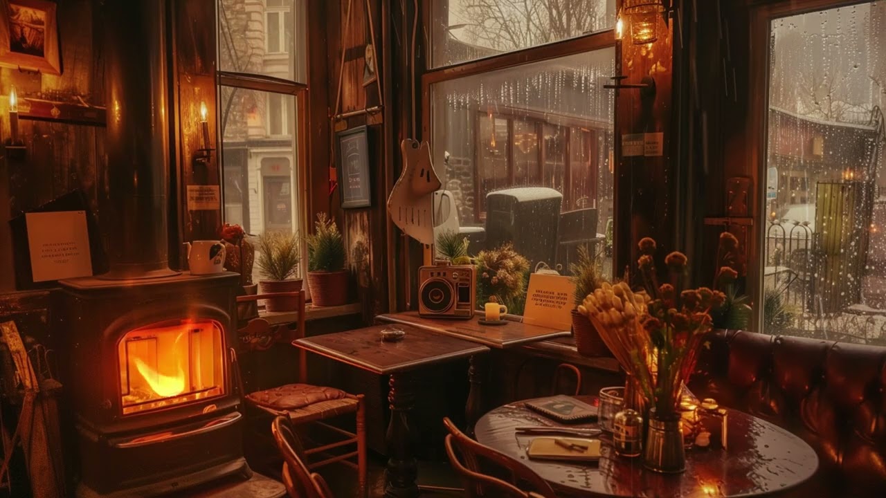 1950s Vintage Jazz | Cozy Rainy Cafe with Crackling Fireplace Sounds