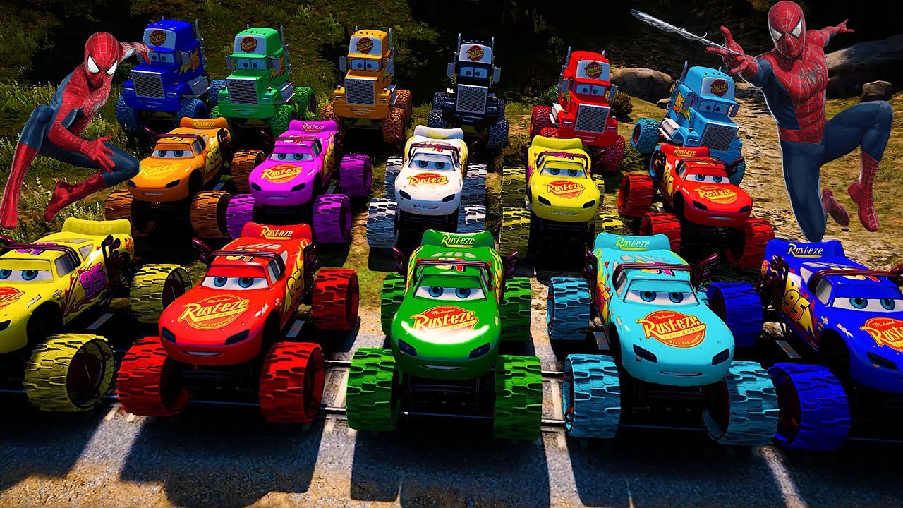 GTA 5 Spiderman Vs Train Disney Cars Lightning and Monster McQueen Jackson Storm Tow Mater & Friends