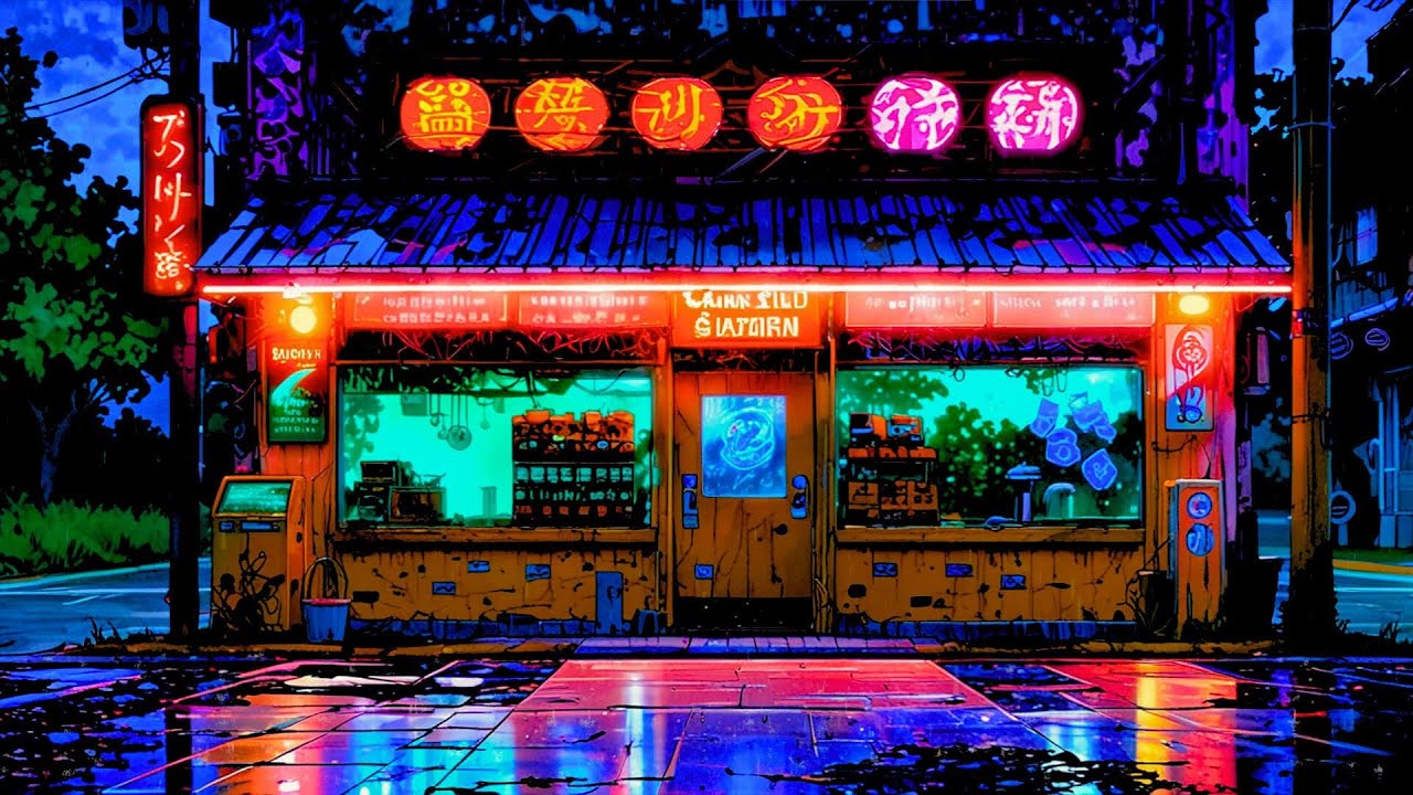 90s Rainy Night at a Neon Ramen Shop | Lofi Beats to Chill & Focus