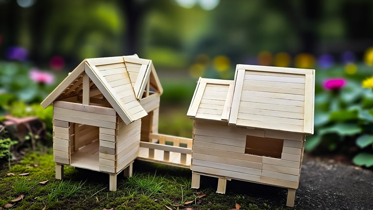 DIY Adorable Twin Mini Houses (Double Connected Home) from Popsicle Sticks – Super Simple Build!
