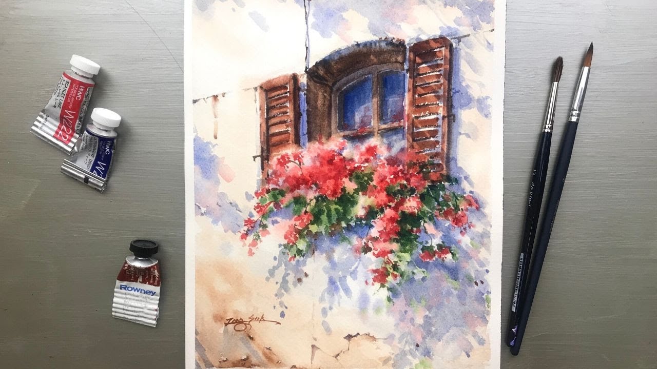 Watercolor Painting - Bunch of Geranium on the Widow, Light and Shadow- Tutorial Step by Step