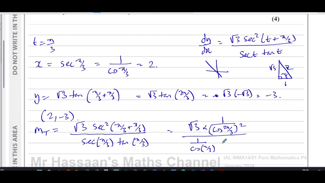 WMA14/01, (Edexcel), IAL P4, January 2024,  Q9, Parametric Eqn, Differentiation, Tangents, Cartesian