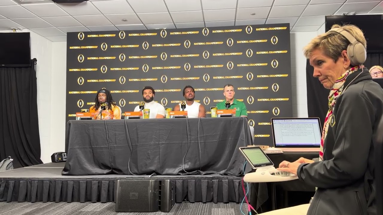 Mario Cristobal, Rueben Bain, Akheem Mesidor, and Mark Fletcher address the media after the Natty