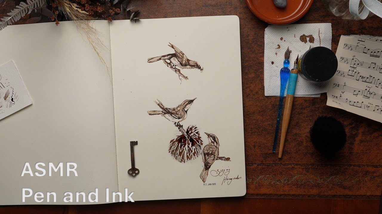 ASMR No Talking, No Music - Draw with me in real time,  Birds in Walnut Ink with Dip and Glass Pens