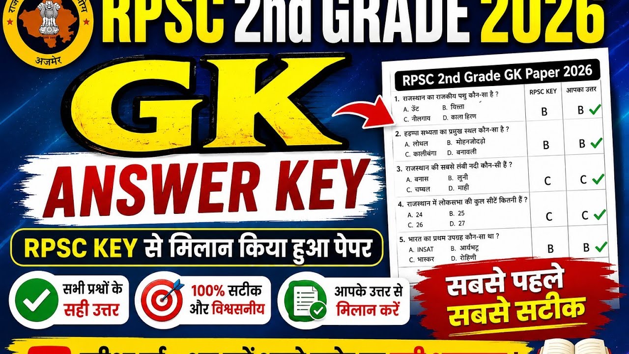 Rpsc 2nd Grade GK Group B Answer key 2026//द्वितीय श्रेणी Gk ग्रुप बी उत्तरकुंजी 2026