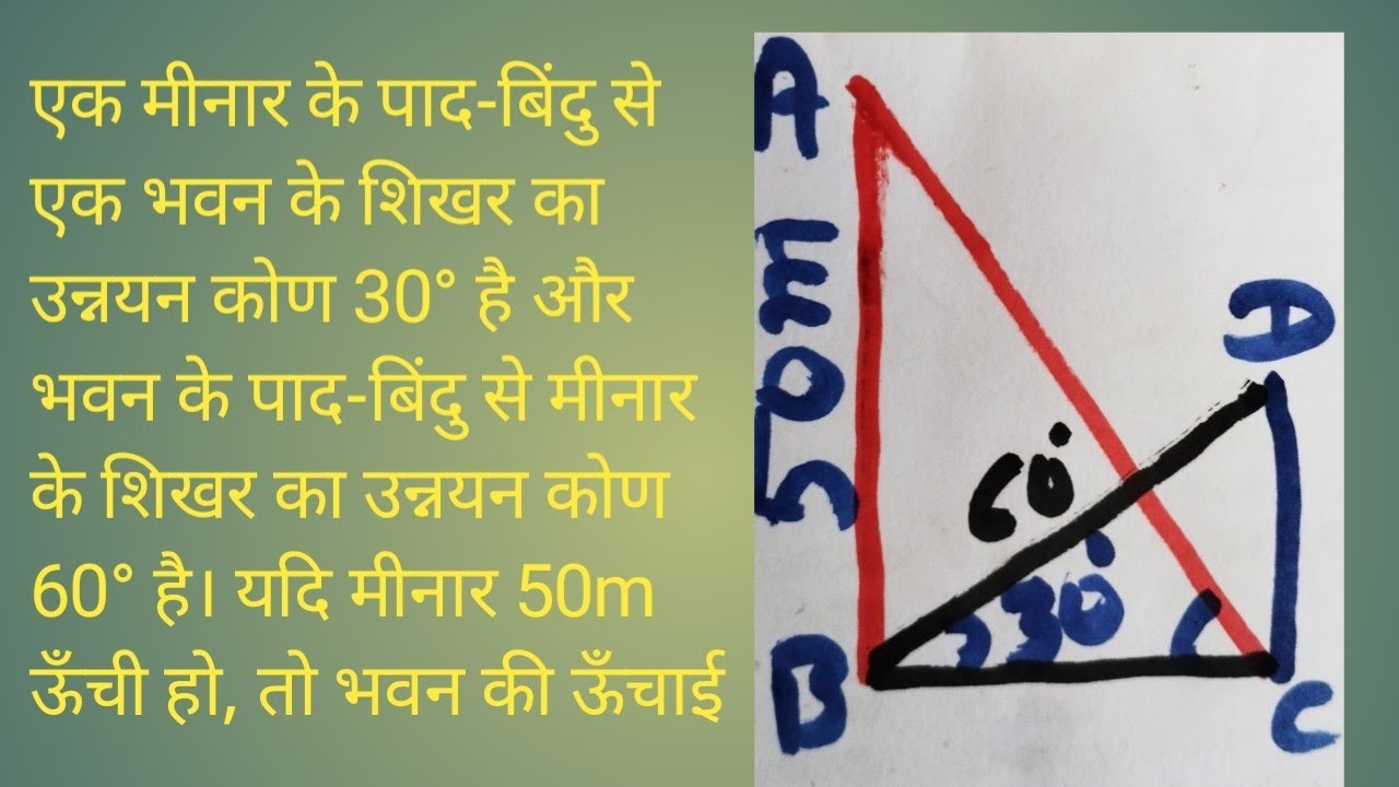 एक मीनार के पाद-बिंदु से एक भवन के शिखर का उन्नयन कोण 30&deg; है और भवन के पाद-बिंदु से मीनार के शिखर