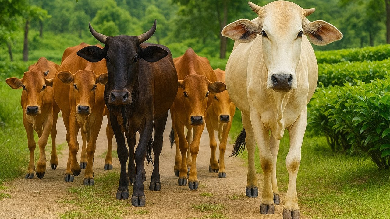 Herding Cute and Tame Oxen in the Village Livestock Farm – Healthy Cow Activity
